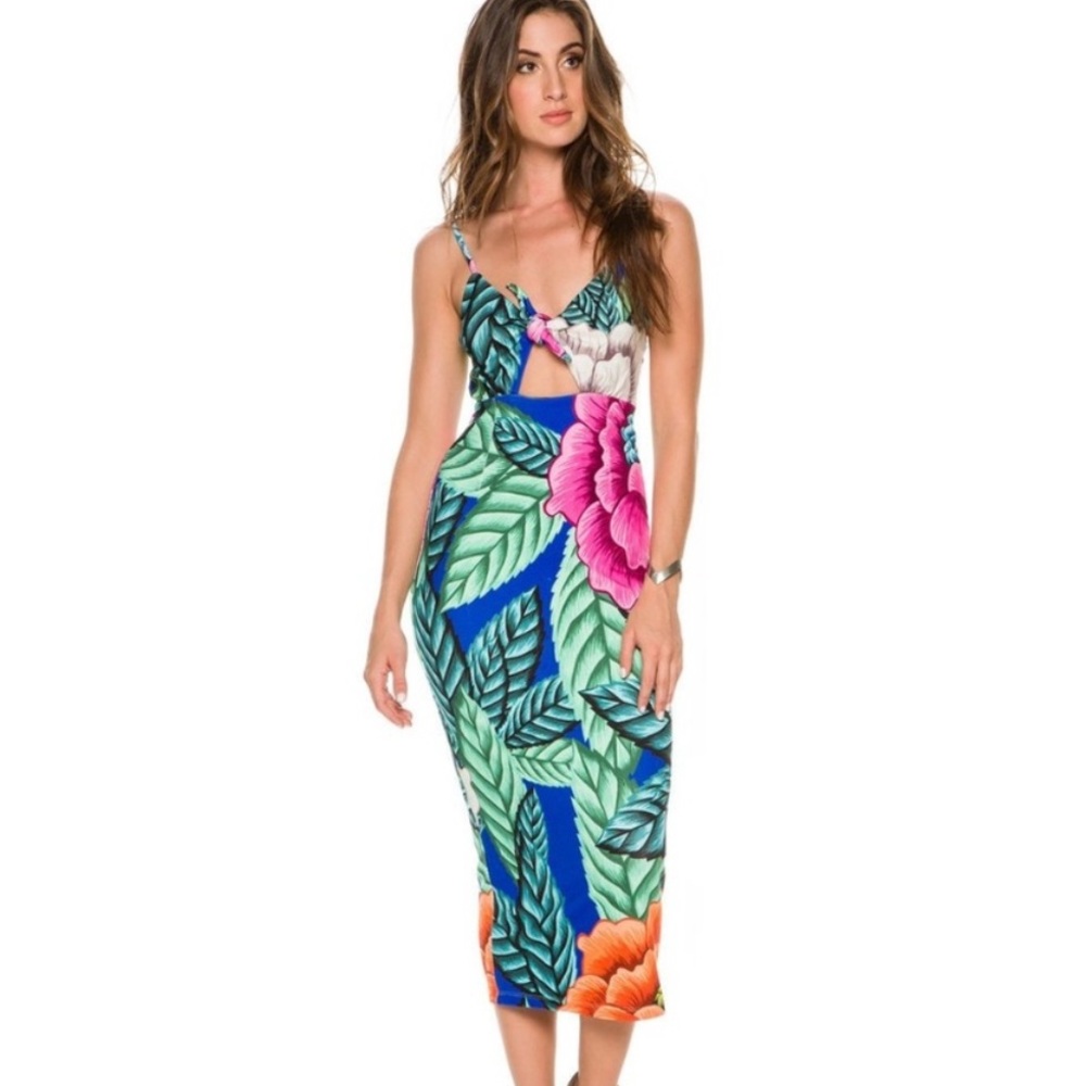 Mara Hoffman Tropical Floral Cutout Midi Dress - Blue, Green, Pink, Orange